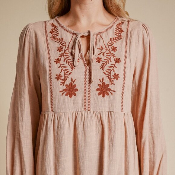 HEM & THREAD Tan Embroidered Peasant Blouse, Boho Floral Long Sleeve Top, Flowy - Picture 5 of 7